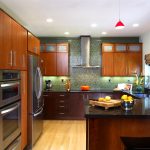 Shiny Brown Countertop and Wooden Cabinets in Japanese Kitchen Designs with Red Hanging Lamps