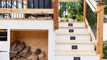 Simple Deck Storage Ideas for Fire Woods beside Minimalist Oak Staircase and Teak Handrail