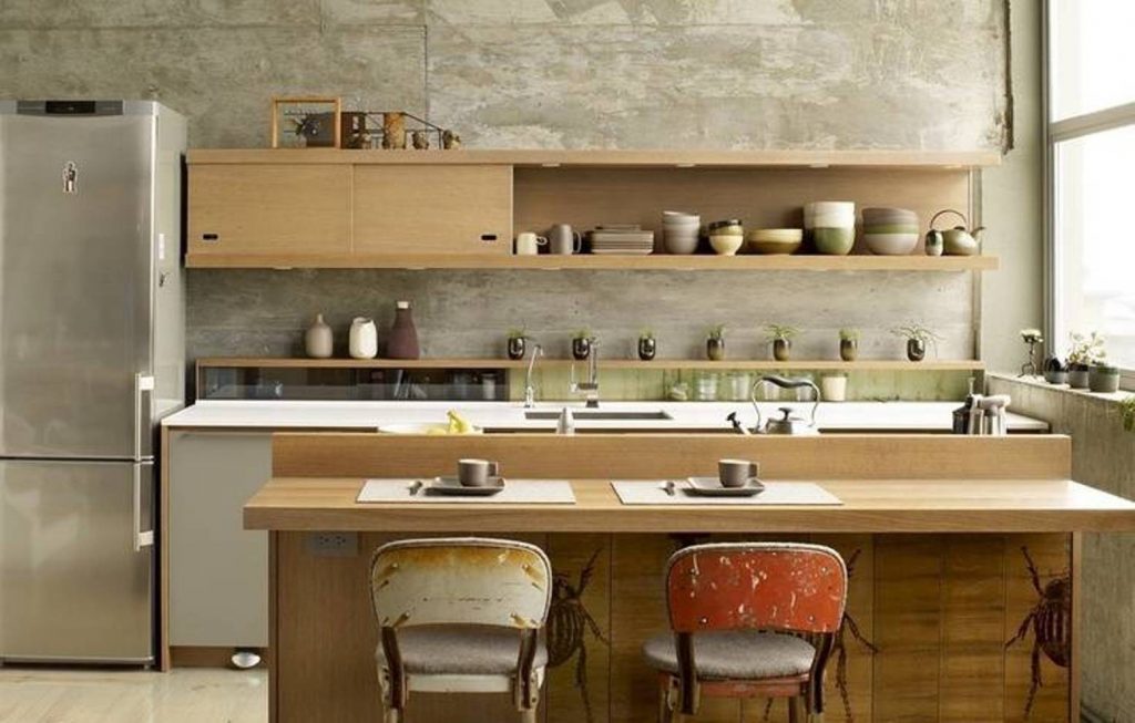 Simple Open Wall Shelves for Japanese Kitchen Designs with Steel Fridge near Kitchen Table
