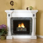 Splendid Corner Electric Fireplace Design with Bright and Grey Touches Beautified by Planter
