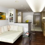 Topnotch Sofa Bed facing Coffe Table and Modern Tv Cabinets at Studio Apartment Furniture