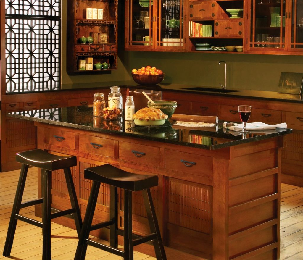 Trendy Japanese Kitchen Designs with Brown Touches by Wooden Cabinets and Cool Barstools