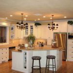 Appealing Black Chandeliers above White Island in Classic Kitchen Home Ideas Decorating with Hardwood Flooring