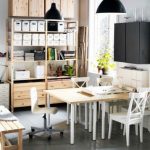 Appealing White Chairs and Wide Oak Table inside Unusual Home Office Decorating with Grey Flooring