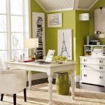 Classic White Table and Comfy Chair in Contemporary Home Office Decorating with Wide Glass Windows