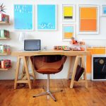 Colorful Wall Arts on White Wall inside Unique Home Office Decorating with Wooden Table