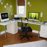 Minimalist Home Office Decorating with White Corner Desk and File Cabinets near Black Swivel Chair