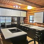 Modern Most Popular IKEA Kitchen Cabinets in Rustic Kitchen with Brown Stools under Wooden Ceiling and Beams