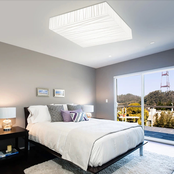 Picturesque Bedroom with Soft Bedding Set under Square Shaped LED Ceiling Lights