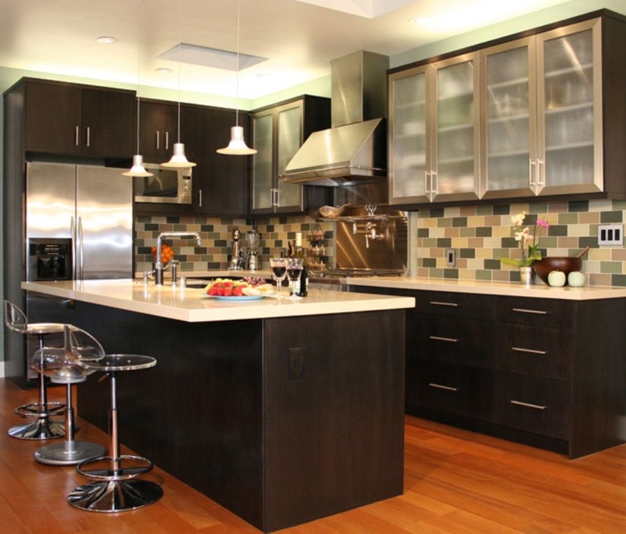 Sensational Acrylic Stools and Black Island on Oak Flooring inside Open Kitchen with Most Popular IKEA Kitchen Cabinets