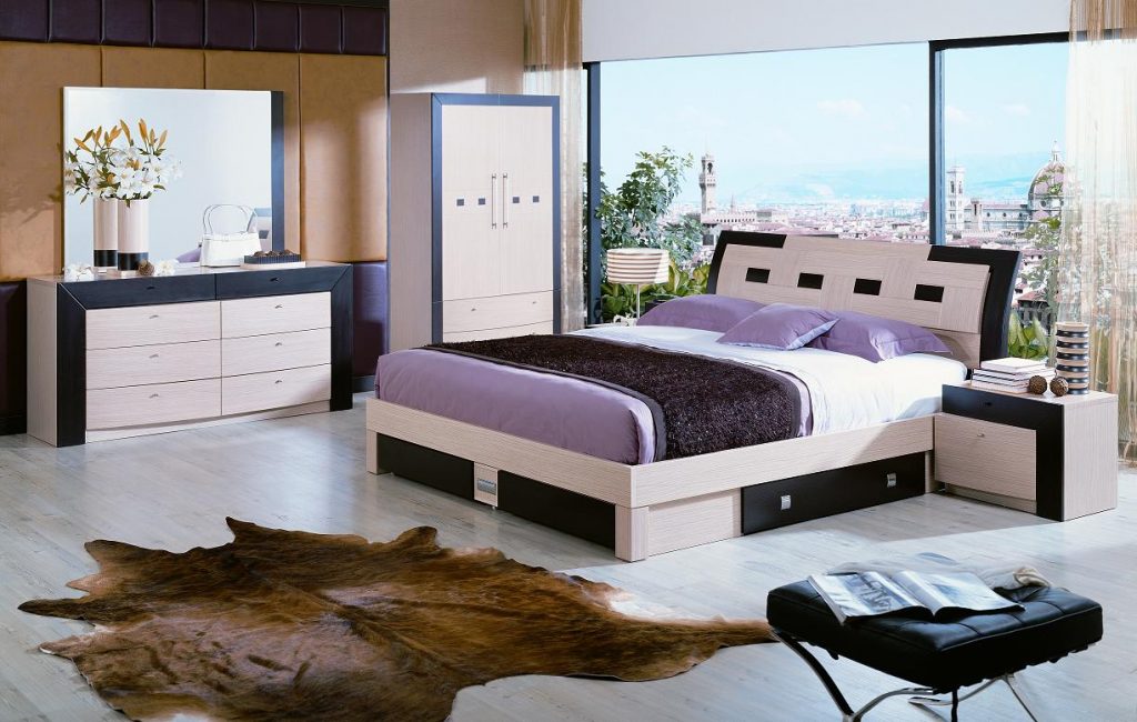 Splendid Purple Bedding and Brown Leather Carpet Contemporary Bedroom Furniture at Attic Image