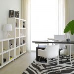 Stunning White Table Lamp and Tidy Shelves for Modern Home Office Decorating with White Chairs