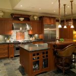 Traditional Home Ideas Decorating for Kitchen with Wooden Bar Island and Old Fashioned Stools