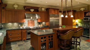 Traditional Home Ideas Decorating for Kitchen with Wooden Bar Island and Old Fashioned Stools