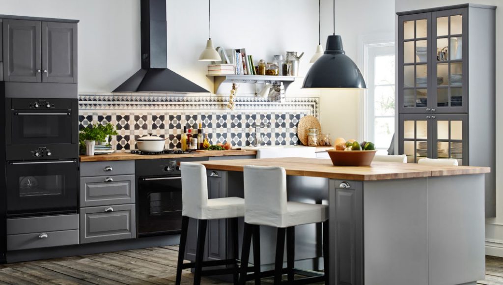 Traditional Kitchen with Grey Island and Cozy Stools near Classic IKEA Kitchen Cabinets 2014