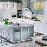 Wide White Island and Modern Stools facing White IKEA Kitchen Cabinets 2014 in Contemporary Kitchen