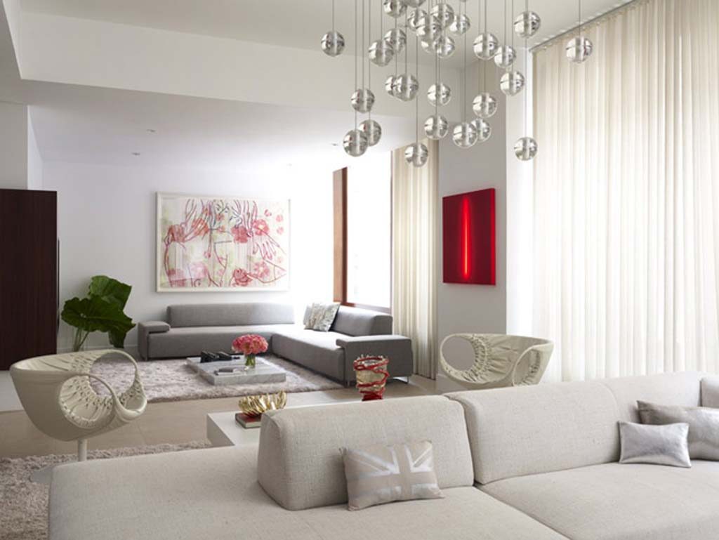 Alluring Bubble Lamps for Spacious Design of Living Room with Grey Sofa Chaises and White Chair