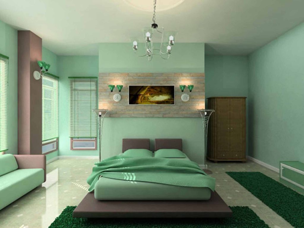 Attractive Chandelier for Cool Bedroom Interior Designs with Grey Platform Bed and Green Bedding