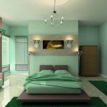 Attractive Chandelier for Cool Bedroom Interior Designs with Grey Platform Bed and Green Bedding