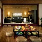 Awesome Low Dining Table and Round Floor Cushions on Oak Flooring near Simple Sitting Room Decor