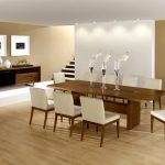 Best Dining Room Interior Design with Long Teak Table and White Lather Chairs on Laminate Flooring