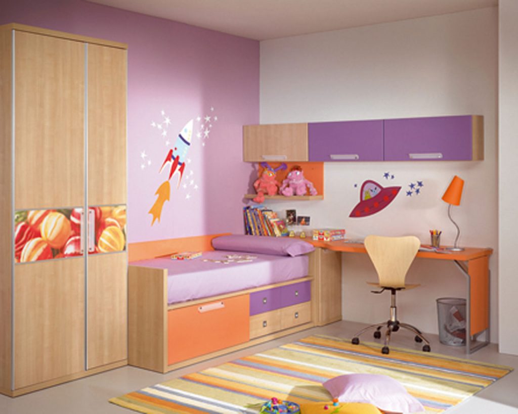 Brilliant Decorate Room Ideas for Kid Bedroom with Purple Bedding and Single Storage Bed