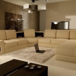 Captivating Design of Living Room with Cream Leather Sectional Sofa and Grey Carpet Rug