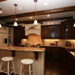 Classic Oak Counter and Cabinets in Old Fashioned Kitchen Decoration Ideas for Home with White Stools