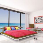 Colorful Cushions on Wide Plaform Bed in Unusual Bedroom Interior Designs with White Tile Flooring