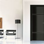Contemporary Black House Interior Doors near Sitting Room with Black Shaded Floor Lamp and Unique Chairs
