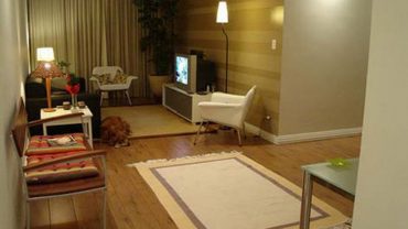 Cozy White Chairs and Black Sofa for Tiny Apartment Interior Design Ideas with Brown Carpet