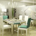 Elegant White Chandelier for Alluring Dining Room Interior Design with Reflective Table and White Chairs