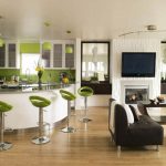 Fancy Green Stools and White Curve Bar Island in Open Kitchen Apartment Decorating Ideas