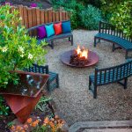 Fancy Square Cushions on Curve Bench facing Round Fire Pit in Unusual Gardens Decorating Ideas