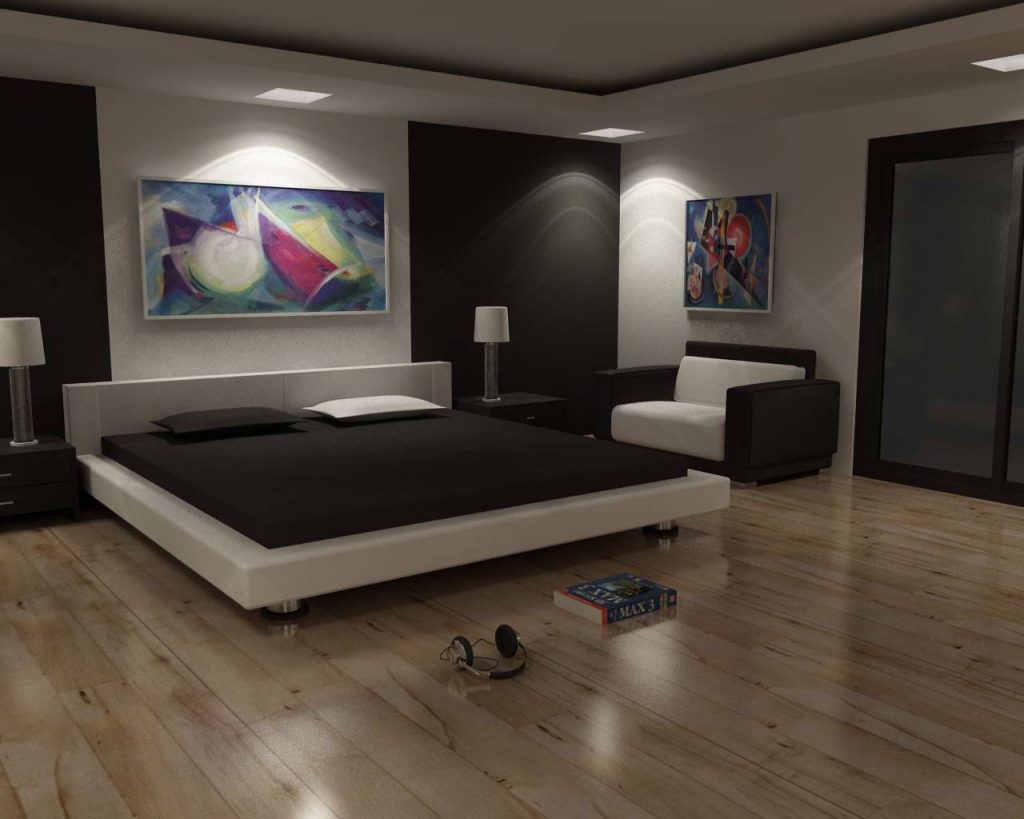 Fantastic White Bed and Black Mattress in Spacious Bedroom Interior Designs using Laminate Wood Flooring