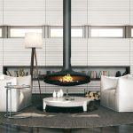 Interesting Black Hanging Fireplace in Cool Interior Design Ideas with White Sofas and Round Coffee Table