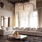 Luxurios Crystal Lamps for Spacious Sitting Room Decor with Long White Sofa and Astonishing Coffee Table
