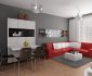 Modern Dining and Sitting Room with Red Sofa and Pulled Dining Table for Cool Interior Design Ideas