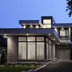 Modern Dream Home Ideas with Grey Brick Wall and Wide Glass Windows facing Green Garden