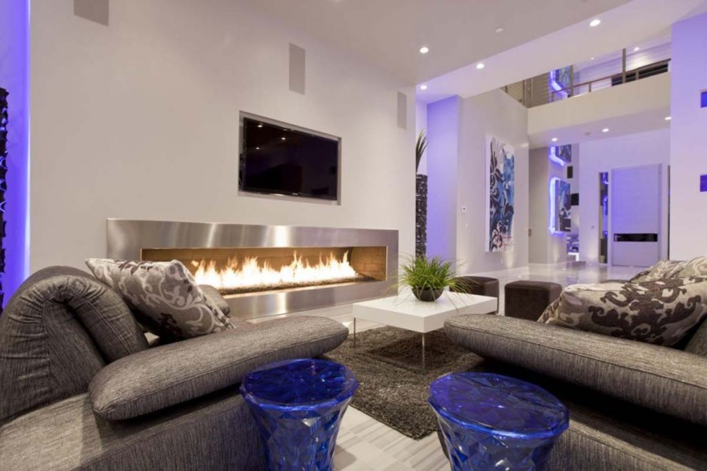 Sensational Blue Acrylic Side Tables and Grey Sofas in Modern Ideas for Decorating Living Room with Long Fireplace