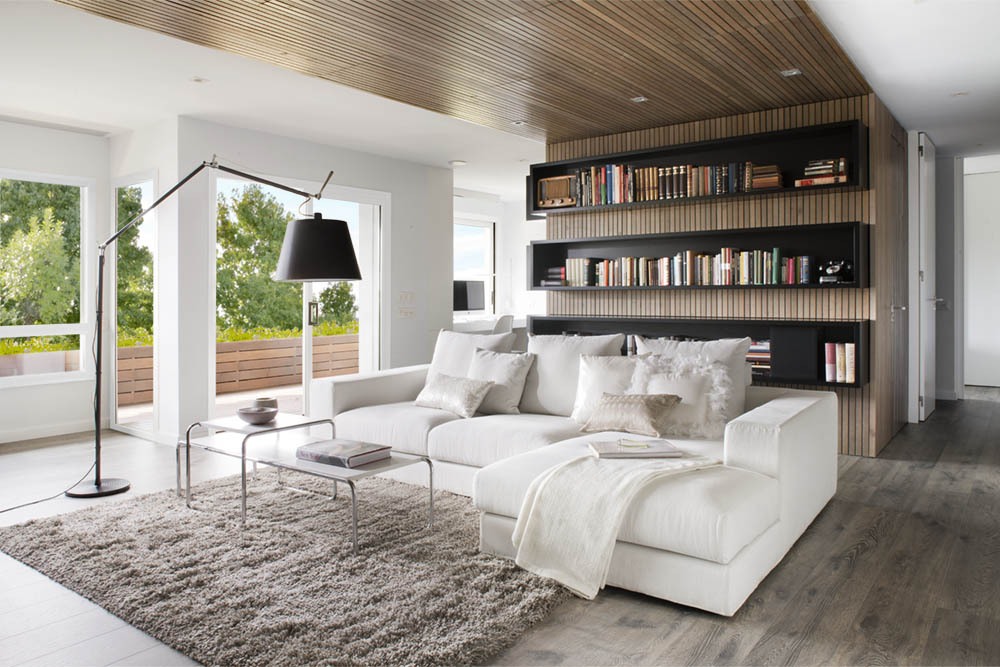 Simple White Sofa Chaise and Tables on Grey Carpet Rug for Great Interior Design Ideas