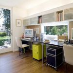 Spacious Decorating Home Office Look with Long Desk and Movable File Cabinets on Oak Flooring