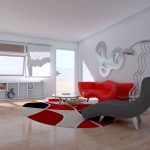 Stunning Wall Art above Red Sofa in Great Interior Design Ideas for Living Area with Round Table