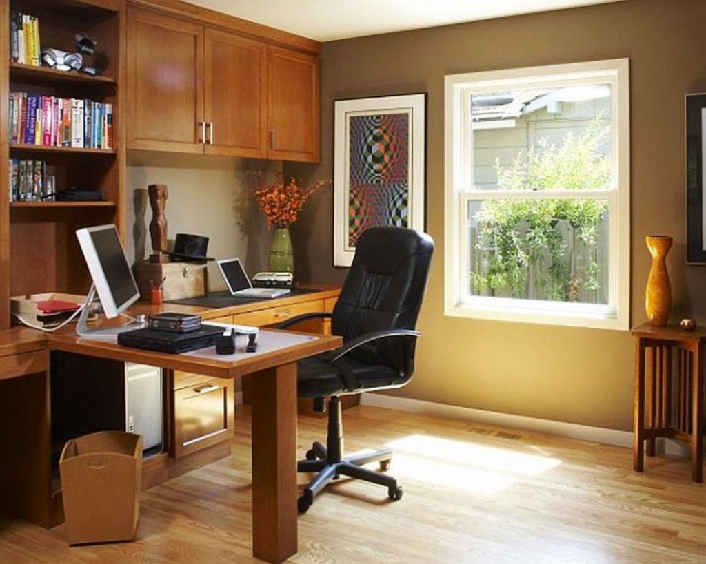 Tiny Space using Cozy Decorating Home Office Design with Teak Desk and Tidy Bookshelves
