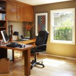 Tiny Space using Cozy Decorating Home Office Design with Teak Desk and Tidy Bookshelves