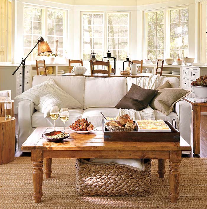 Traditional Home Decoration Inspiration with Wooden Table and White Sofa on Wicker Carpet