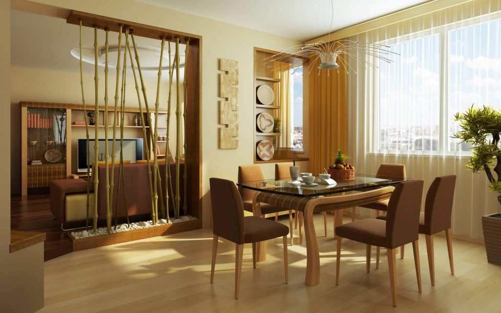 Unique Glass Top Table inside Stylish Dining Room Interior Design with Brown Chairs under Contemporary Lamp