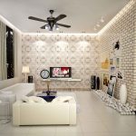 Unique Wallpaper for Modern Apartment Interior Design in Family Room with White Sofas and Stylish Table