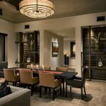 Wide Brown Ceiling Lamp for Stylish Dining Room Interior Design with Brown and Black Chairs