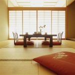 Wide Table and Comfy Legless Seats on Tatami Flooring inside Japanese Decoration Ideas for Home